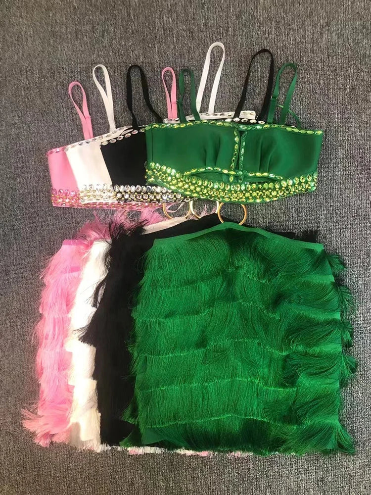 Sexy Spaghetti Strap Hollow Out Crystal Bandage Dress Women Green Sleeveless Backless Tassel Bodycon Dresses Evening Party Club