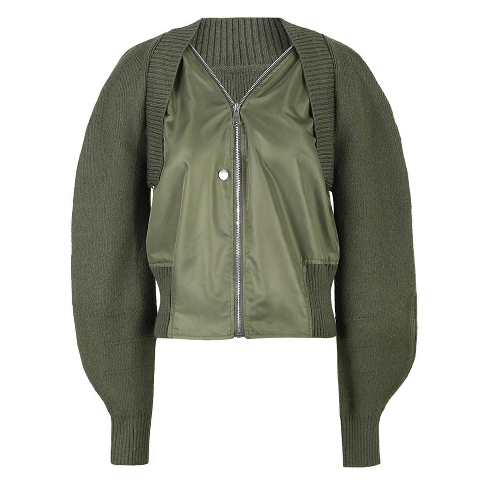 Vintage Knitted Spliced Fake Two Pieces Coat Women Patchwork Bomber Jacket Trend Ladies Outerwear Tops winter