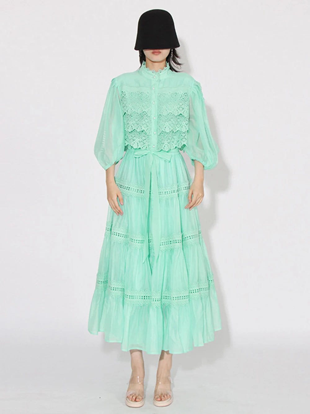 Modphy Solid Embroidery Dresses For Women Stand Neck Short Sleeve High Waist Single Breasted Spliced Lace Up Dress Female New