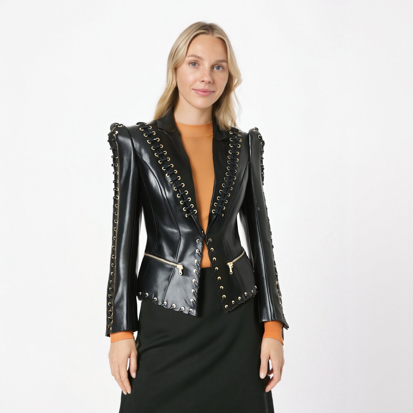 European and American celebrity fashion heavy industry chicken eye tie rope slim fit leather jacket suit jacket jacket