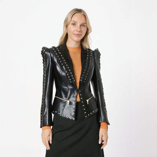 European and American celebrity fashion heavy industry chicken eye tie rope slim fit leather jacket suit jacket jacket