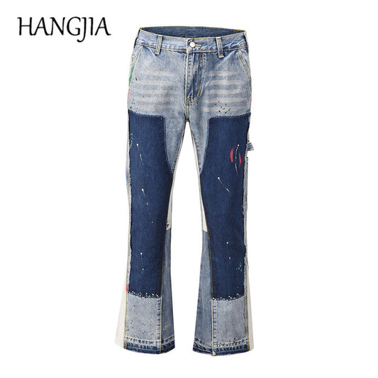 Vintage Distressed Splash Ink Flare Jeans for Men