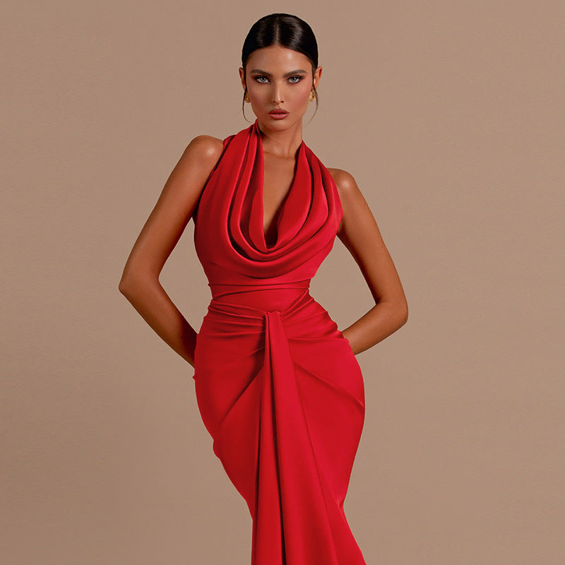 Backless Halter Neck Satin Evening Dress Women's Long Dress