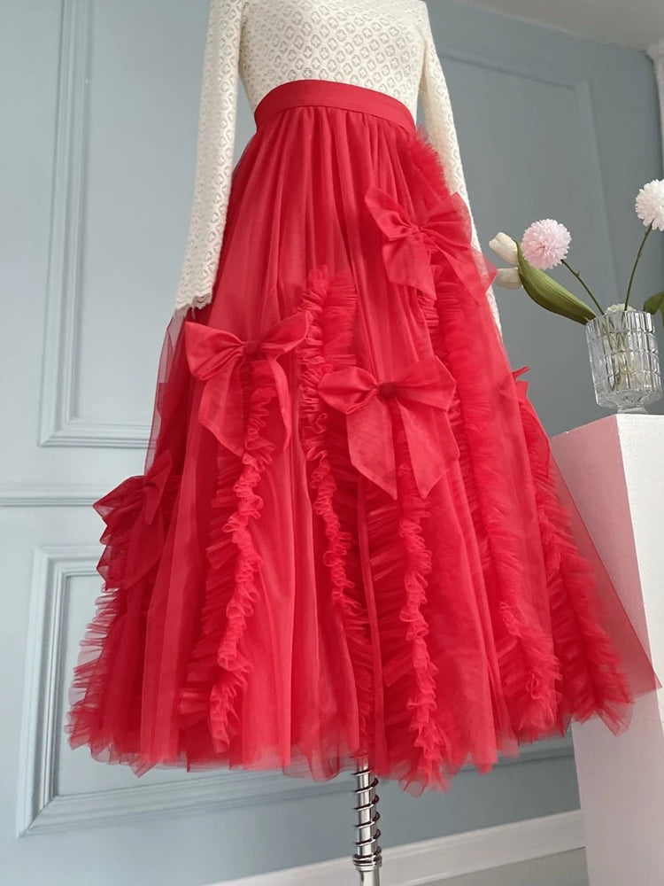 High-End Mesh Long Skirt Handmade Bow Gauze Skirt Fairy High Waist Slimming Umbrella Skirt Designer Model Skirt Evening Dresses