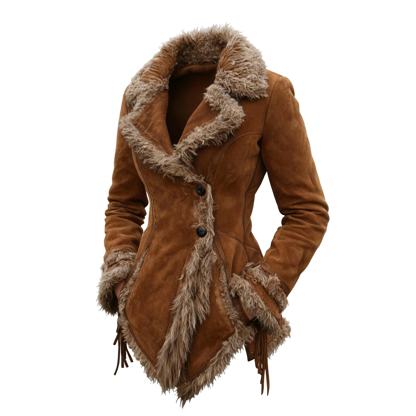 Vintage Faux Suede Coat with Fur Collar, Turn-Down CollarJacket for Women
