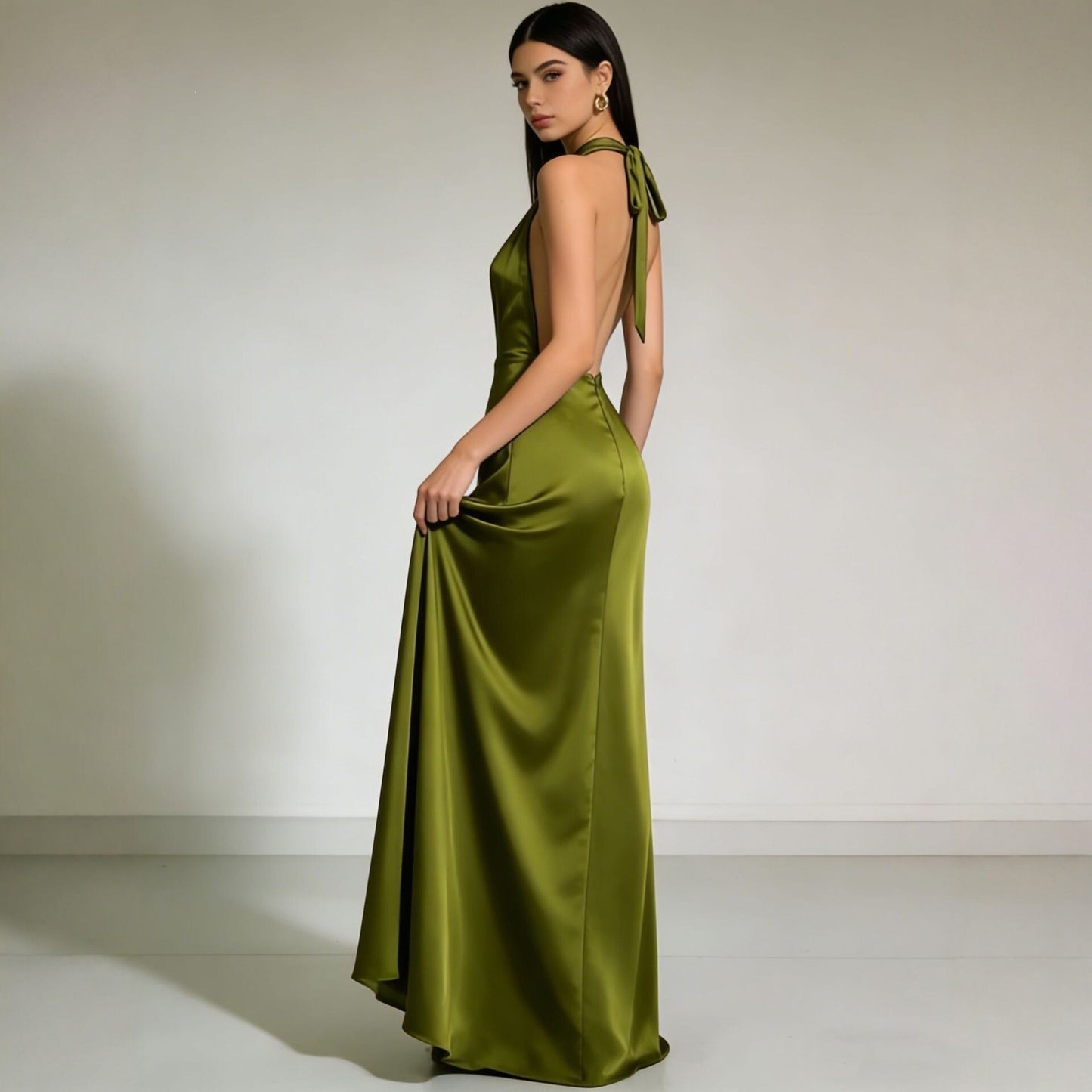 Solid color Strapless  Backless  Satin Evening dress Long dress
