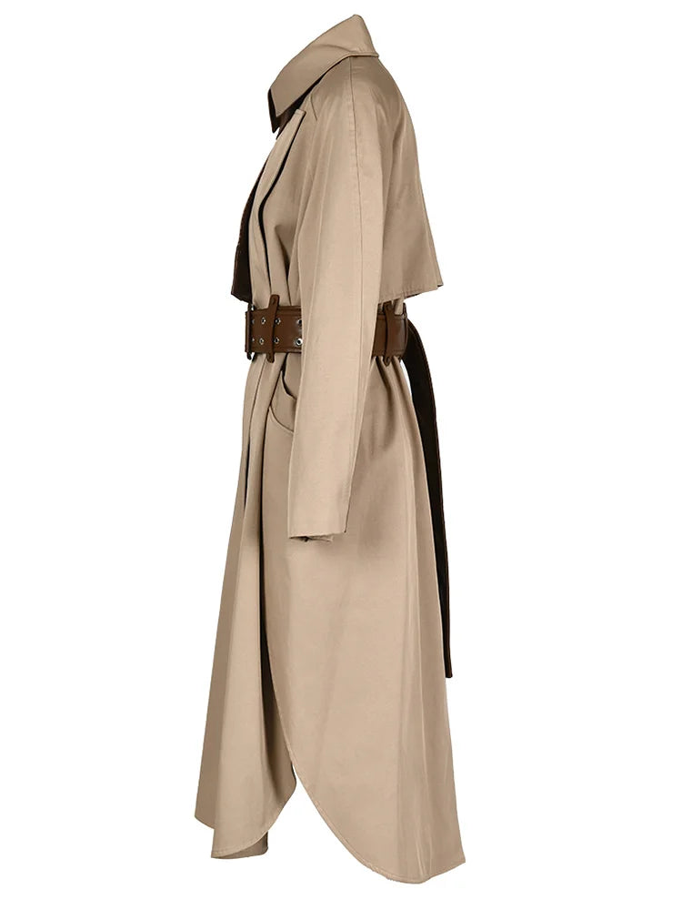 Camel Pu Leather Spliced Big Size Trench Women New Lapel Long Sleeve Windbreaker Fashion Tide Spring Autumn