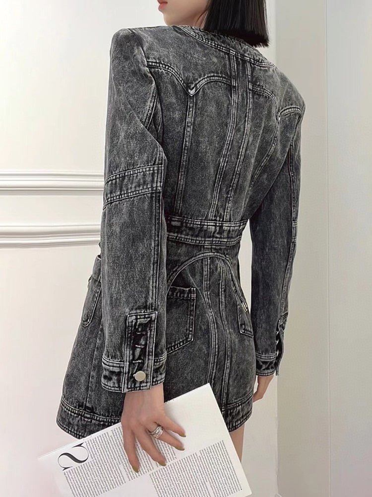 Denim Slim Dress For Women V Neck Long Sleeve High Waist Solid Mini Dresses Female Autumn Clothing Style New