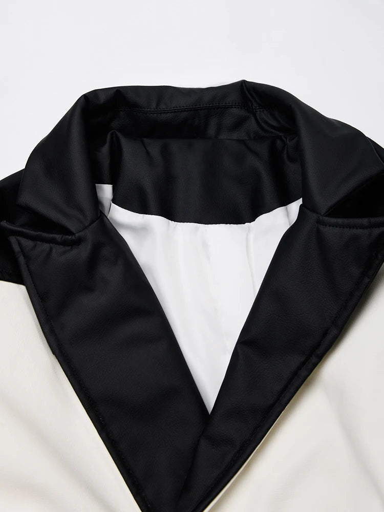 Women White Color-block Big Size Leather Trench New Lapel Long Sleeve Windbreaker Fashion Tide Spring Autumn