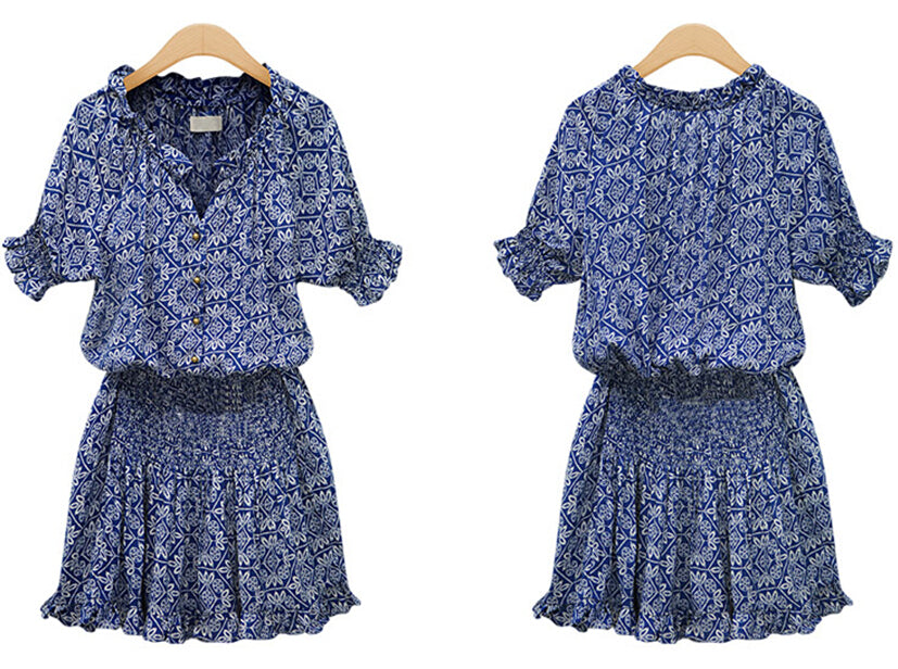 New Short Sleeve Printed Cotton V-Neck Dress