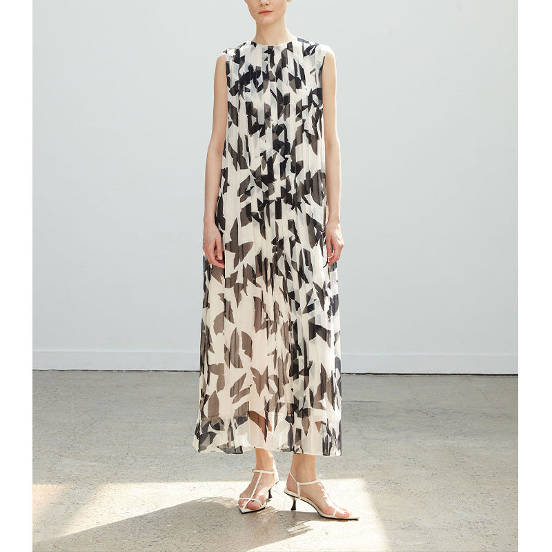 Vintage Salt-Style Elegant Piano Pleat Printed Unique Sleeveless Dress