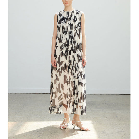 Vintage Salt-Style Elegant Piano Pleat Printed Unique Sleeveless Dress