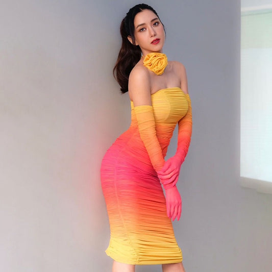 Gradient Ruched Longsleeve Strapless For Backless Off Shoulder Evening Dress Femme Outfits Set