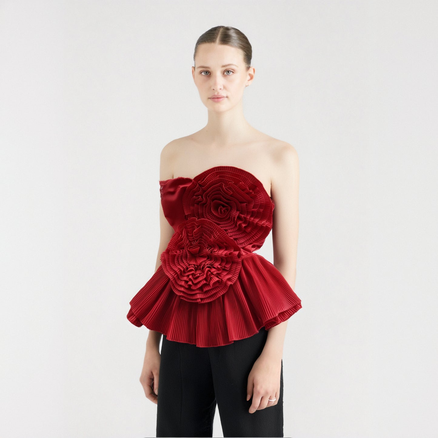 Summer 3D Flowers Irregular Hem Pleated Ruffles Shirt Women Sexy Slash Neck Sleeveless Strapless White Party Blouses Tube Tops