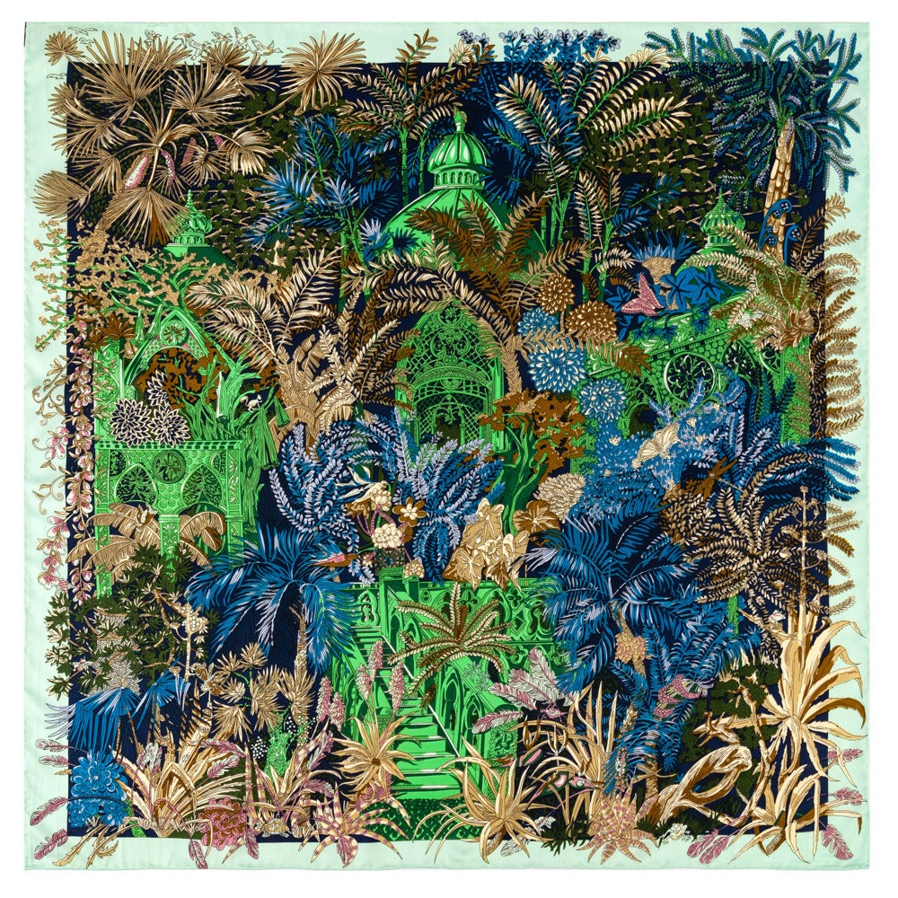 Twill silk square scarf jungle castle print scarf