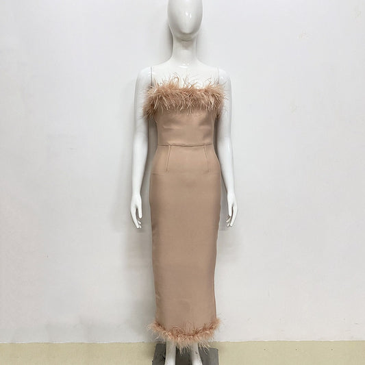 Patchwork Feathers Dresses For Women Strapless Sleeveless High Waist Tunic Slimming Solid Elegant Dress