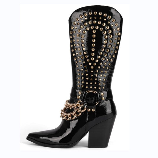 New Punk style western cowboy boots Women's Shoes Thick heel tip Rivet belt buckle Black Patent leather Plus Size