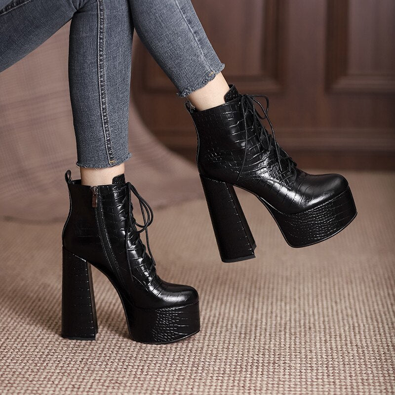 Elegant Mature Women Ankle Boots Cross-Tied Platforms Genuine Leather High Heels Party Office Autumn Winter Shoes