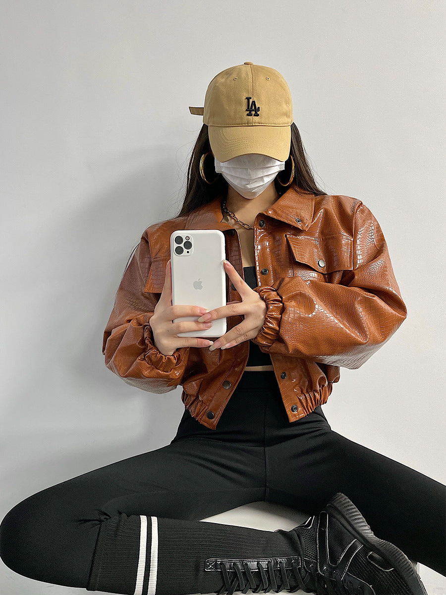 Lautaro Spring Autumn Short Cool Oversized Crocodile Print Faux Leather Jacket Women Button Up European Fashion Streetwear