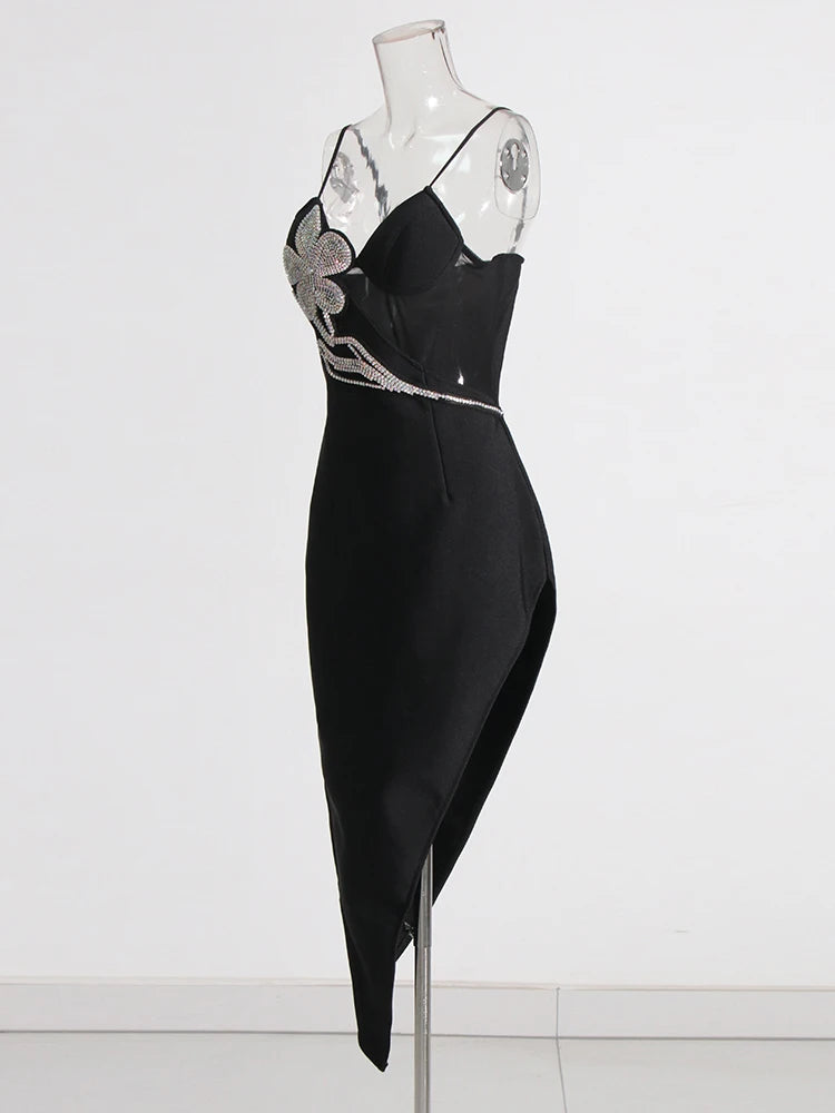 Solid Patchwork Diamonds Slimming Sexy Dresses For Women Square Collar Sleeveless High Waist Irregular Dress Female