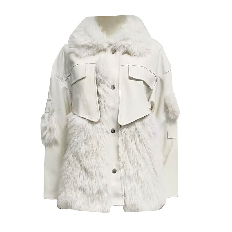 GetSpring Women Faux Fur Coat  Autumn Winter Leather Stitching Loose One Piece Jacket For Women Fashion All Match Warm Coats