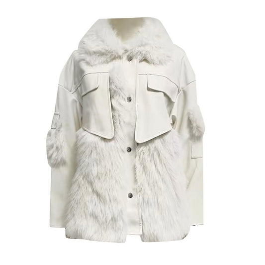 GetSpring Women Faux Fur Coat  Autumn Winter Leather Stitching Loose One Piece Jacket For Women Fashion All Match Warm Coats