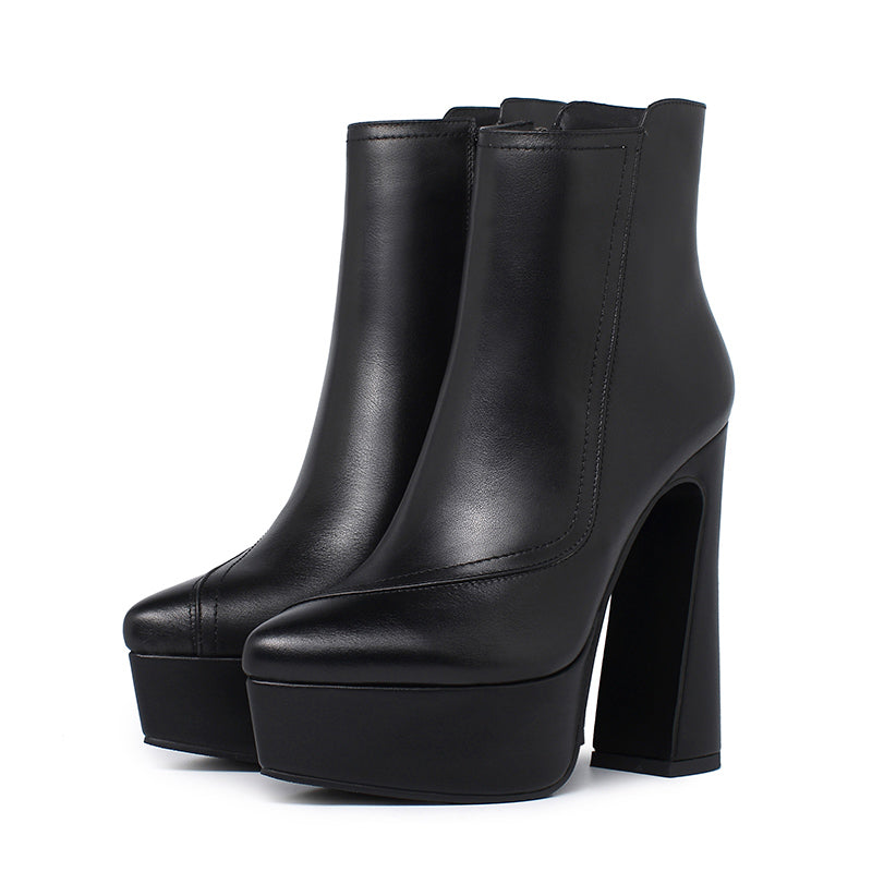 High Heels Women's First Layer Cowhide Leather Pointed Toe Martin Boots Thick Heel Super High Heel 14 Cm