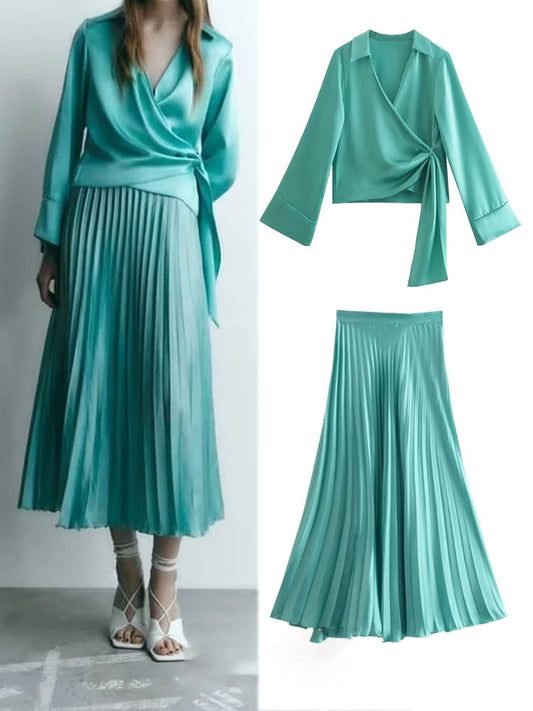 Silk Satin Pleated Skirt Tops Set