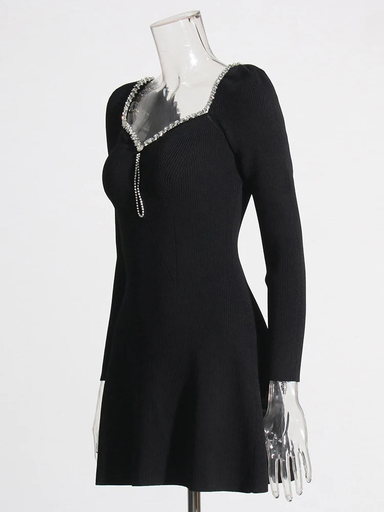 Solid Pattchwork Diamonds Slimming Dresses For Women V Neck Long Sleeve Hollow Out Sexy Mini Bodycon Dress Female