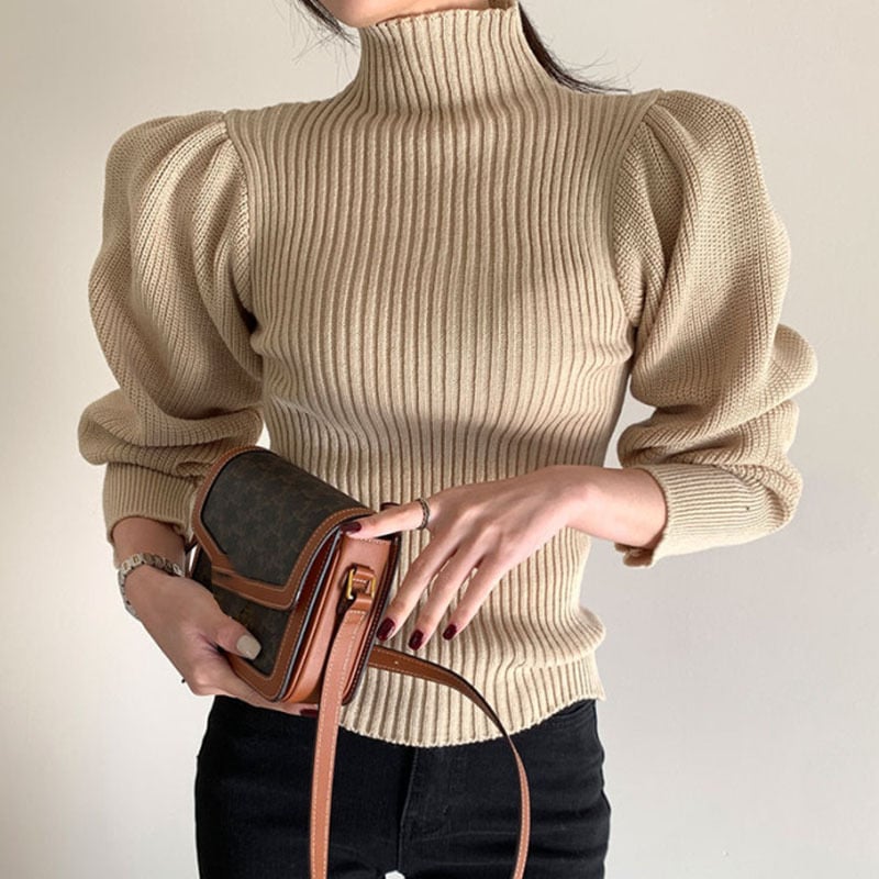 Slim Fit Women's Pullover Sweater with Puff Sleeves