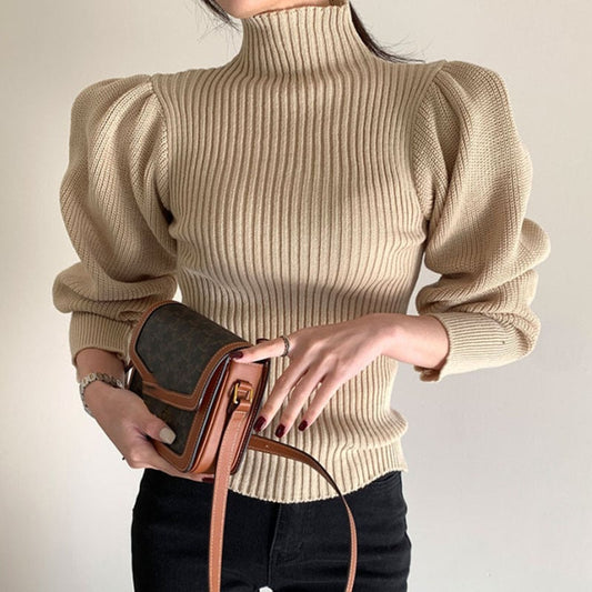 Slim Fit Women's Pullover Sweater with Puff Sleeves