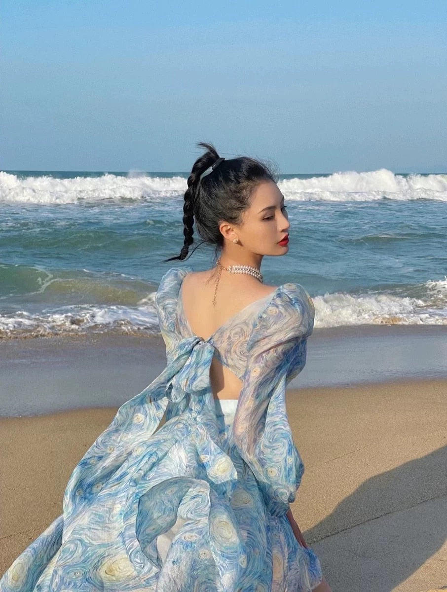 Light Blue Van Gogh's Starry Sky Pattern Sweetheart Collar Lanter Sleeve Asymmetrical Chiffon Dresses