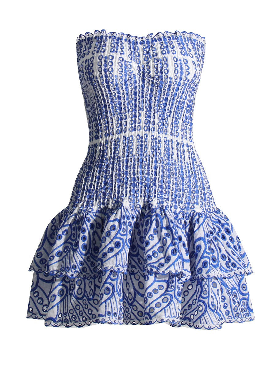 Embroidery Dress For Women Strapless Sleeveless High Waist Patchwork Folds Slimming Dresses