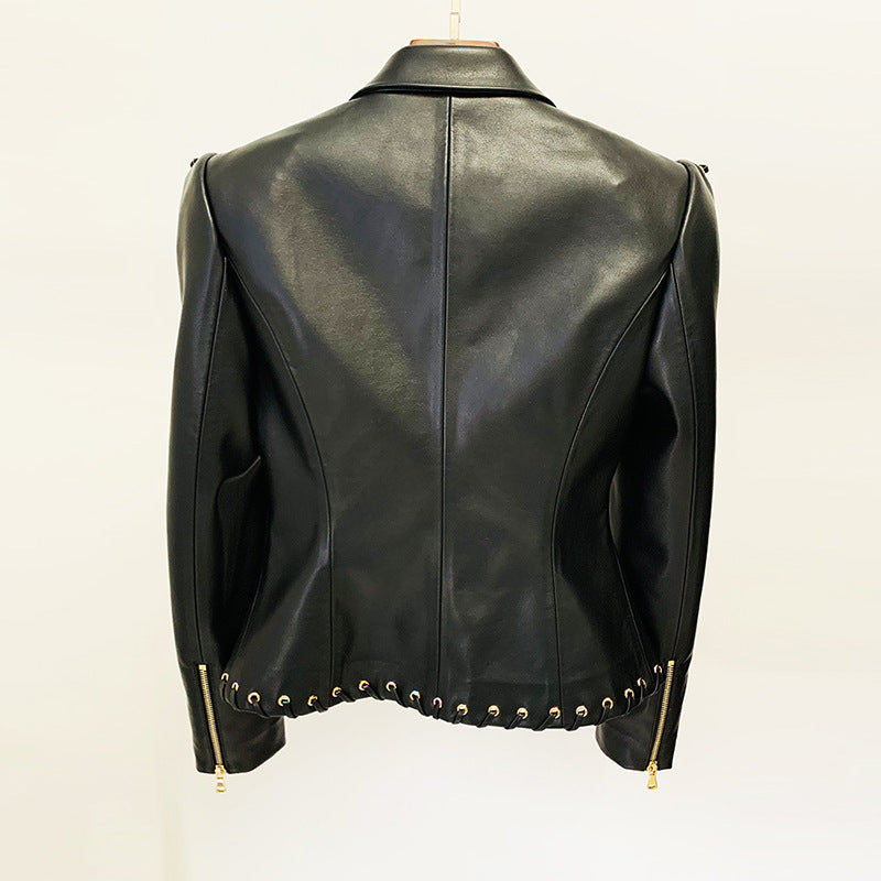 European and American celebrity fashion heavy industry chicken eye tie rope slim fit leather jacket suit jacket jacket