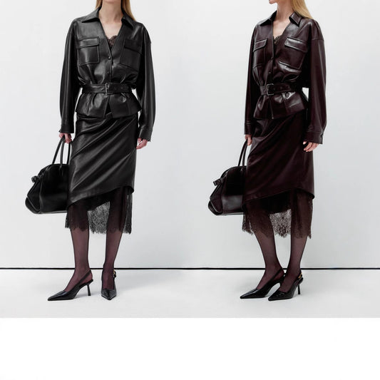 Lace patchwork leather skirt