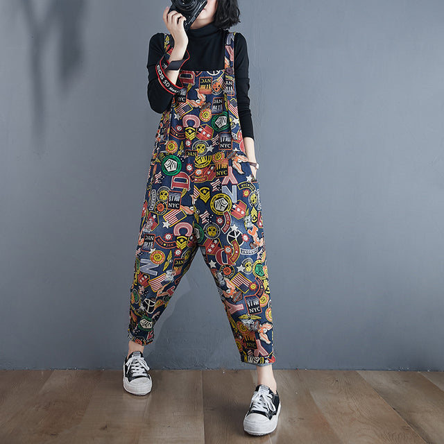 "Printed Denim Overalls for Women - High Waist Loose Fit"