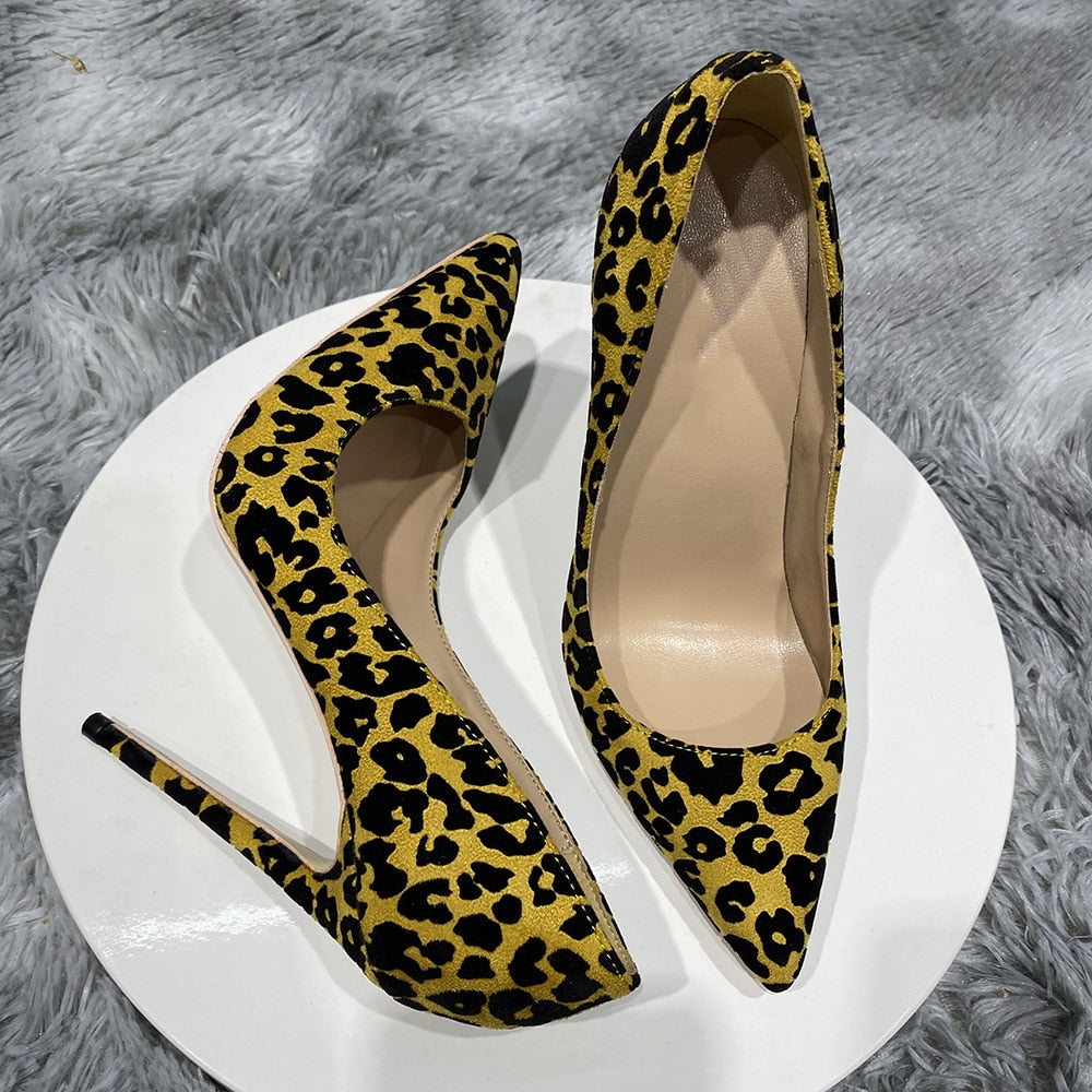 Synthetic Suede Flock Women Leaopard Pointy Toe High Heel Shoes Sexy Celebrity Party Stilettto Pumps 8cm 10cm 12cm