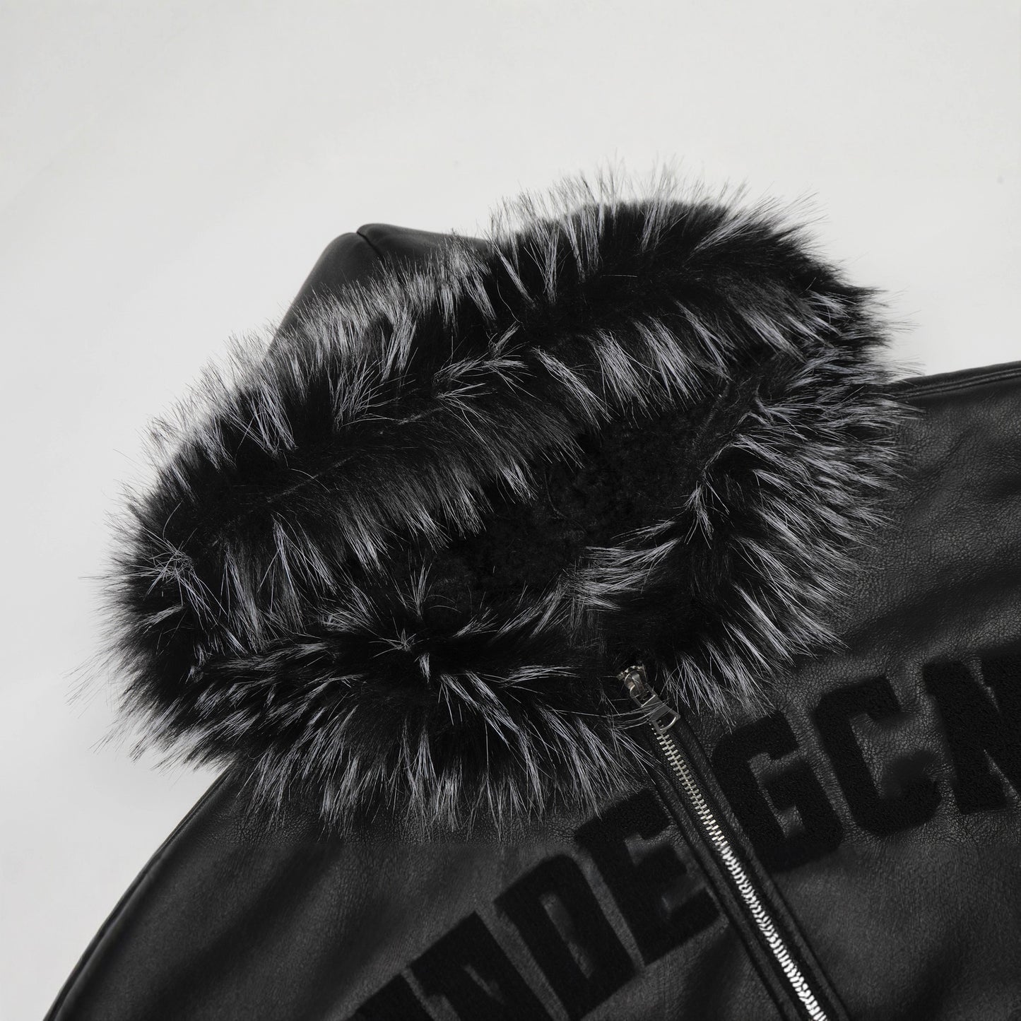 Retro fur collar PU leather hooded cotton jacket