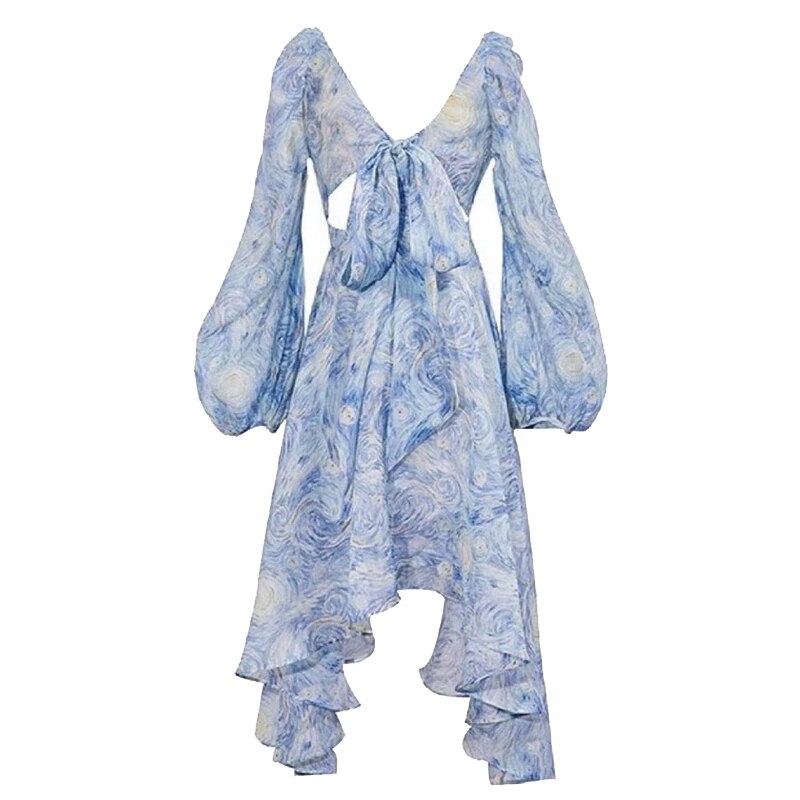 Light Blue Van Gogh's Starry Sky Pattern Sweetheart Collar Lanter Sleeve Asymmetrical Chiffon Dresses