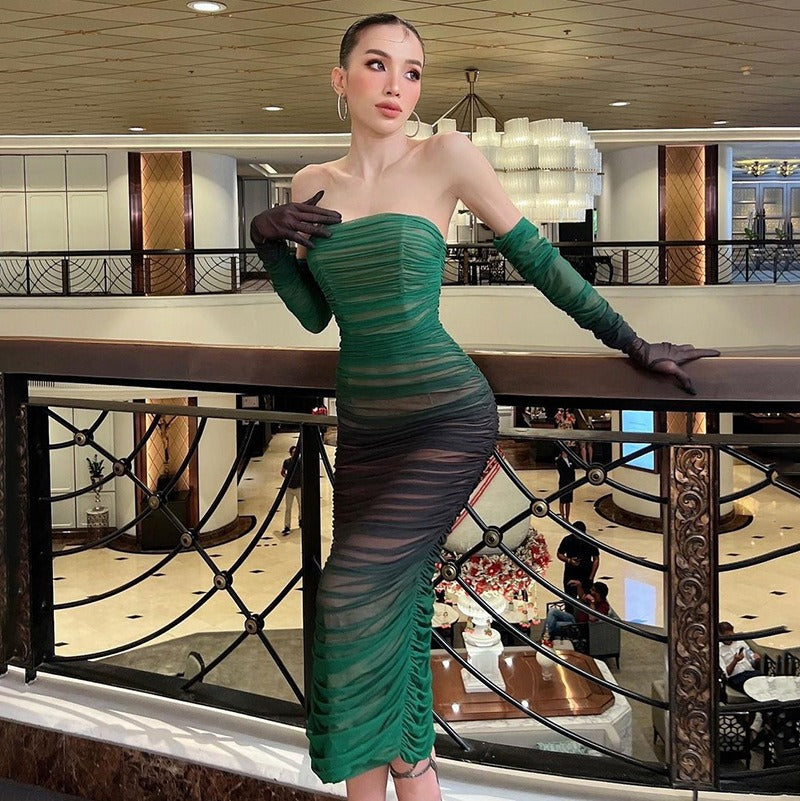 Gradient Ruched Longsleeve Strapless For Sexy Backless Off Shoulder Evening Dress Femme Outfits Set
