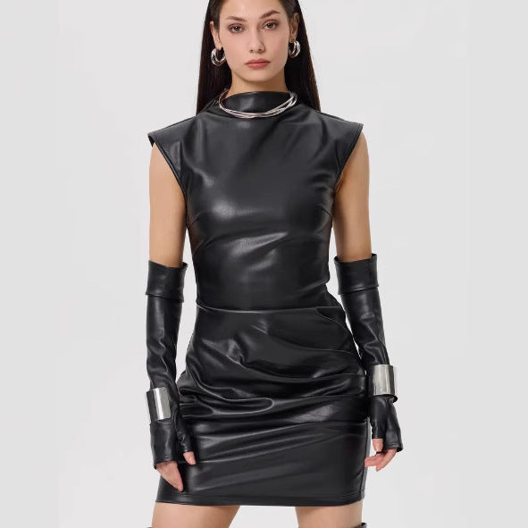Sleeveless detachable sleeve cover PU leather skirt