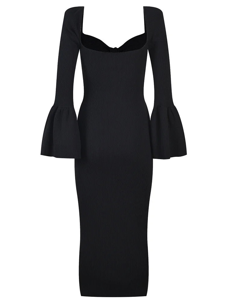 women fashion Jersey dress square collar flare sleeve hollow out medium strech slim female autumn dresses