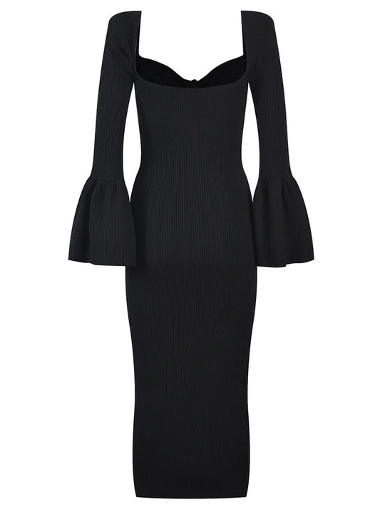 women fashion Jersey dress square collar flare sleeve hollow out medium strech slim female autumn dresses