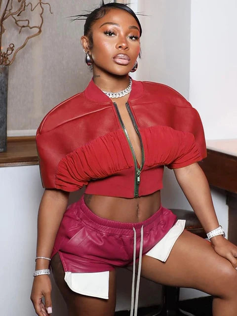 New PU Leather Patchwork Crop Coats Women Ruched Short Sleeve Zip-Up Slim Fit Jackets Bare Midriff Female Trend Outwear