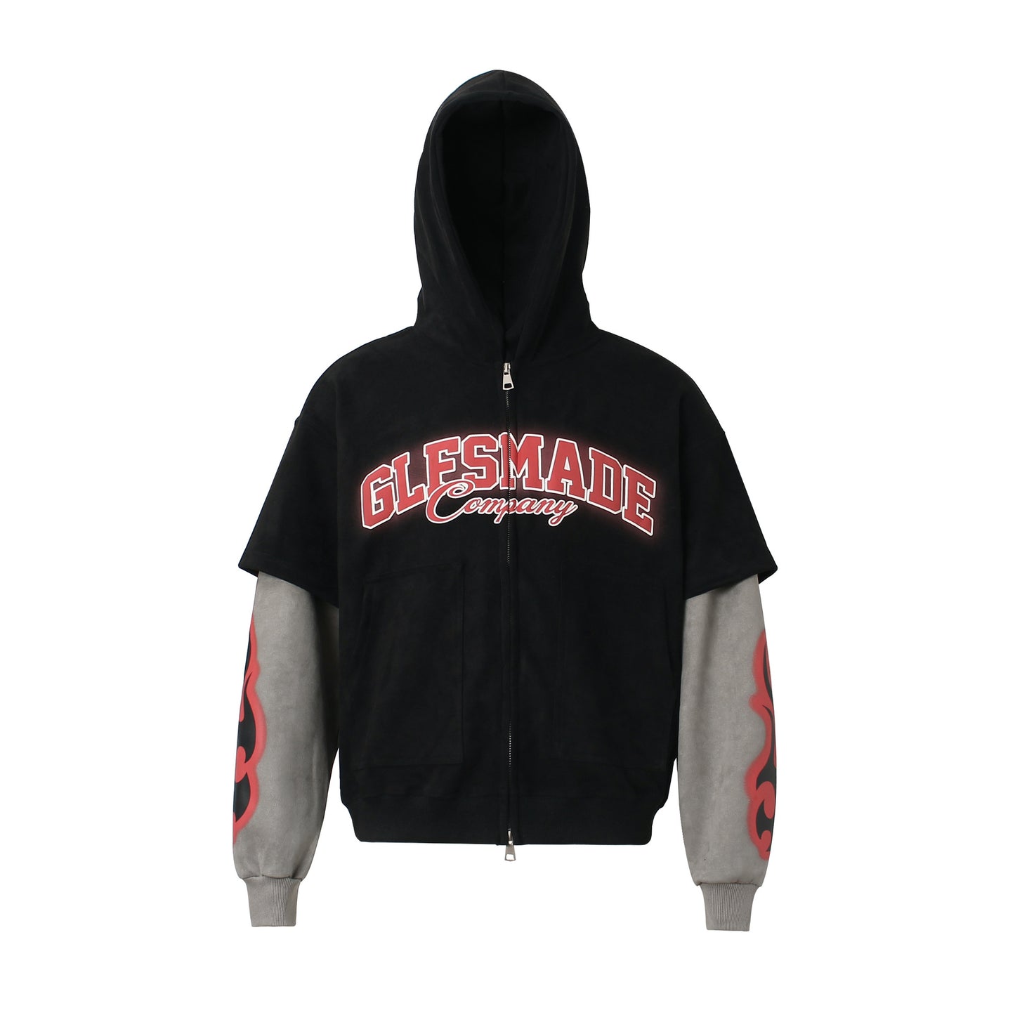 Style Trendy Faux Suede Vintage Two-Piece Print Design Short Wide Men's Hooded Zip-Up Sweatshirt