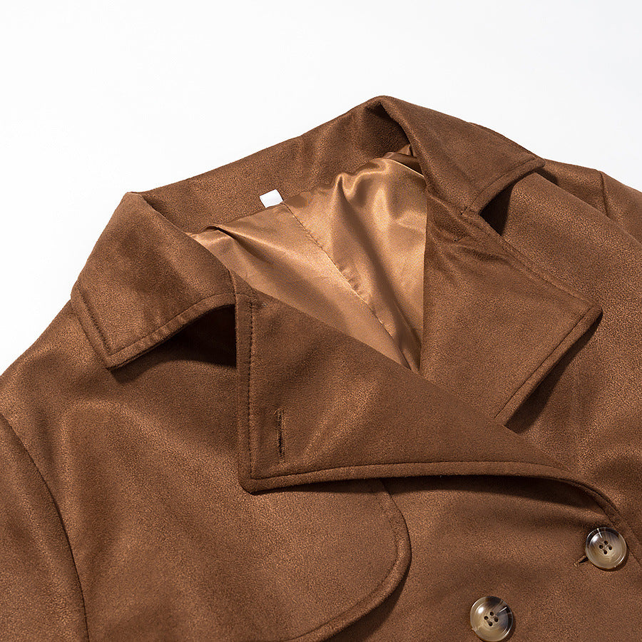 Suede texture long double breasted coat