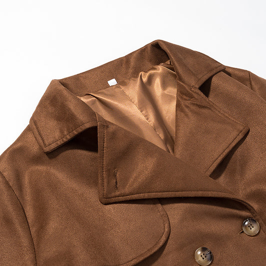 Suede texture long double breasted coat
