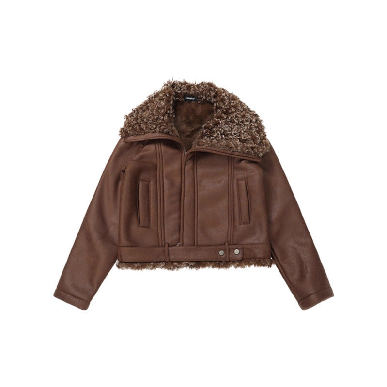 Collar Turn-Down Lapel Biker Leather Jacket with Lining Women's Thick Warm Coat