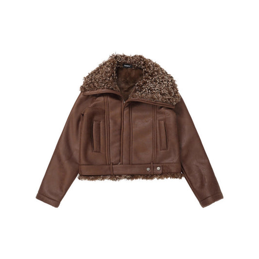 Collar Turn-Down Lapel Biker Leather Jacket with Lining Women's Thick Warm Coat