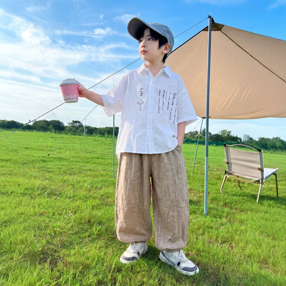 Boy's Short Sleeve Shirt Set, Casual Long Pants